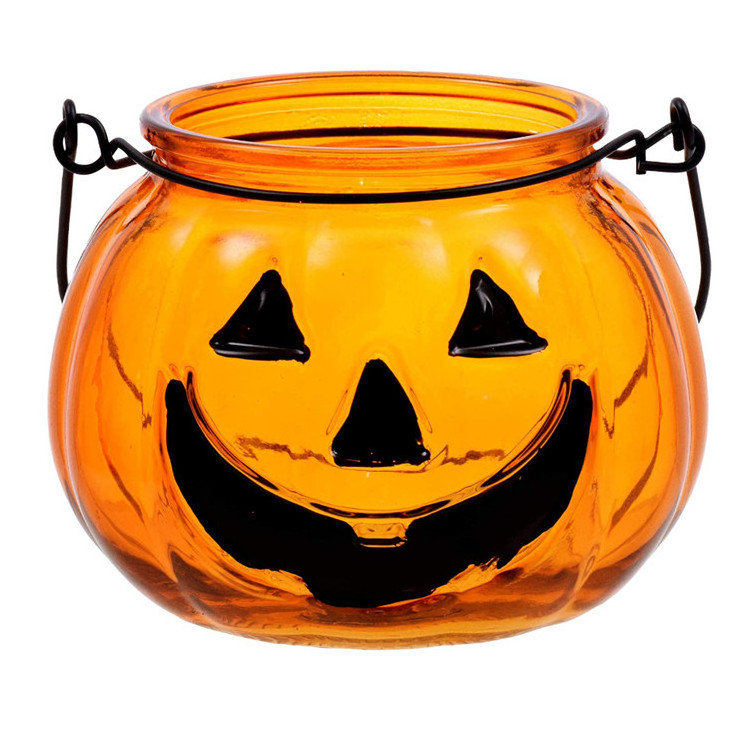 Halloween Ghost Face Glass Candle Lantern Pumpkin Shape Glass Candle Jars with Black Metal Handle for Home Decoration