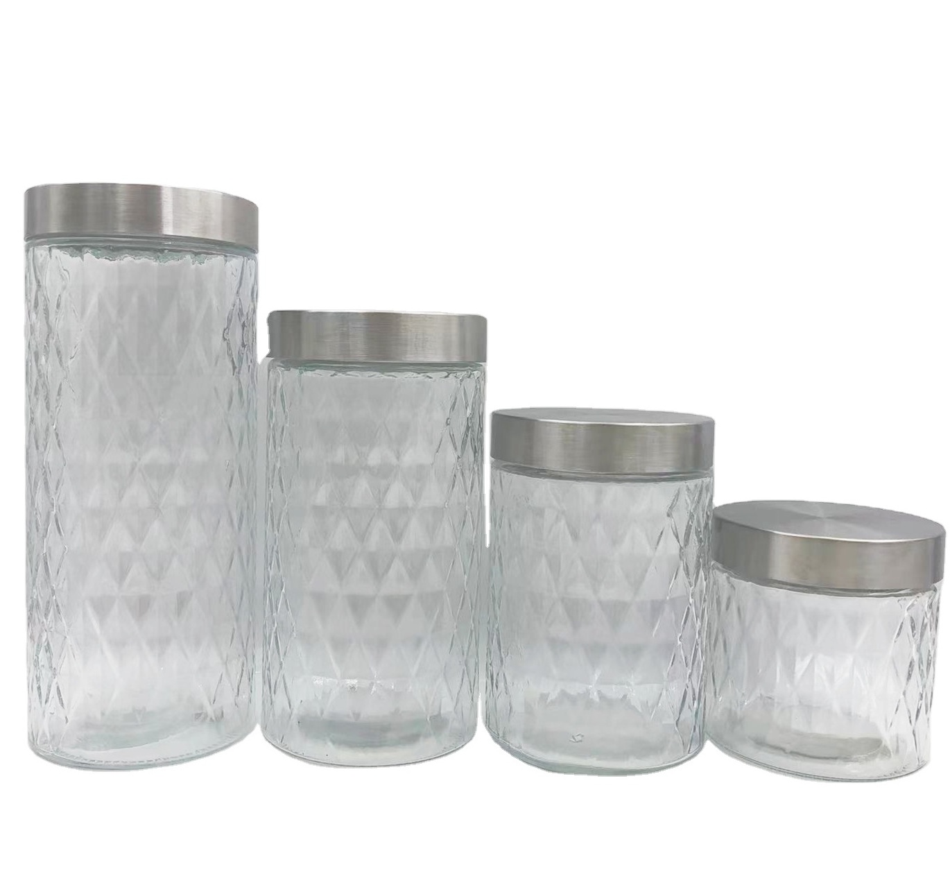 Clear Glass Jars with Stainless Steel Lid Kitchen Canister Diamond Plaid Glass Food Storage Jar Set