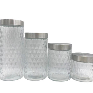 Clear Glass Jars with Stainless Steel Lid Kitchen Canister Diamond Plaid Glass Food Storage Jar Set