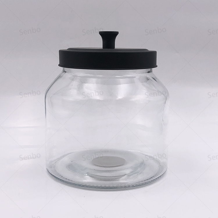 Kitchenware Transparent Wide Mouth Glass Cookie Waffle Jar with Black Tinplate Metal Lid 1 Gallon 1L 2L 3L