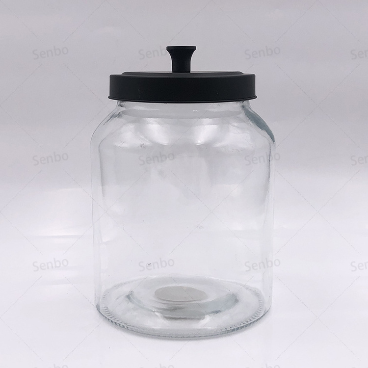 Kitchenware Transparent Wide Mouth Glass Cookie Waffle Jar with Black Tinplate Metal Lid 1 Gallon 1L 2L 3L