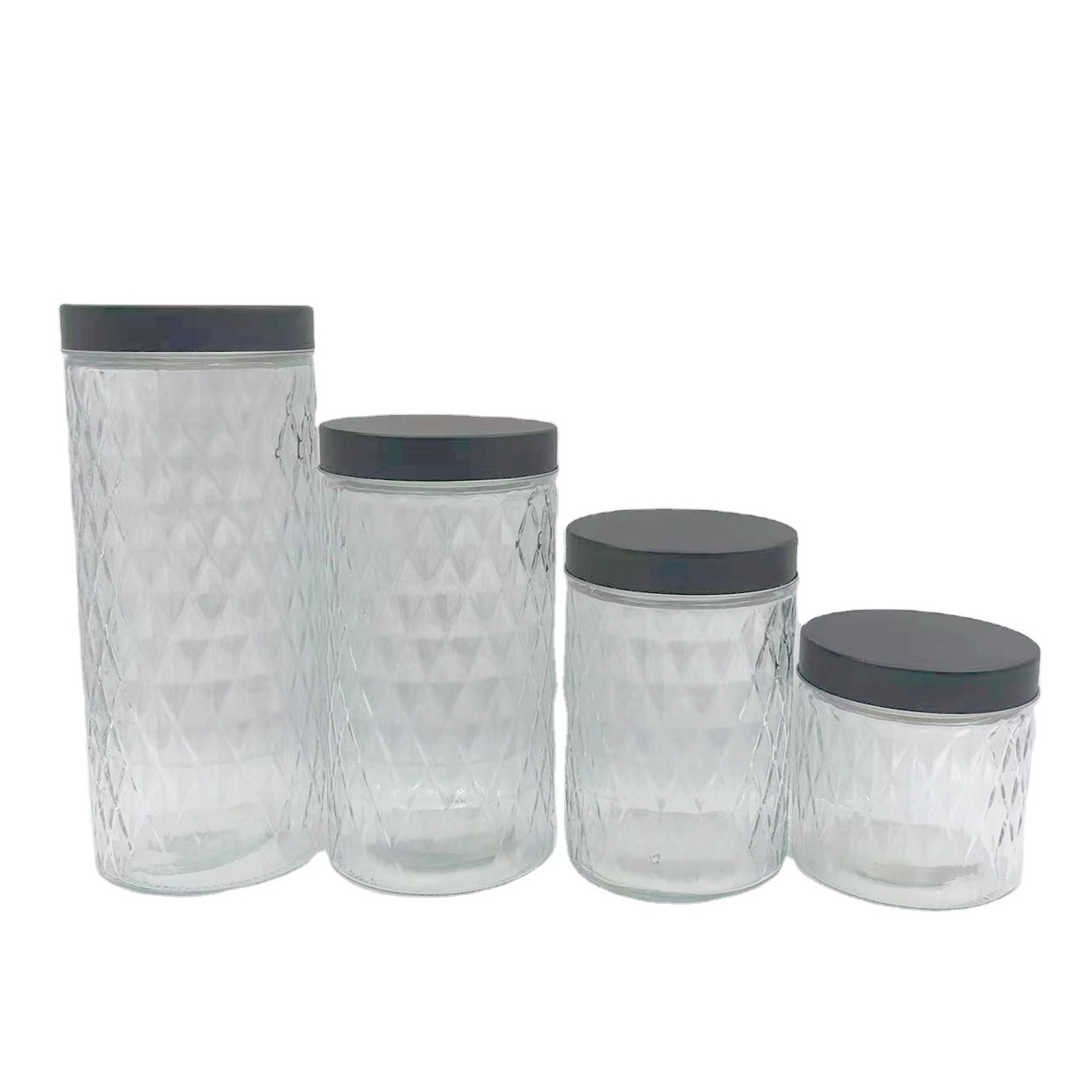 Clear Glass Jars with Stainless Steel Lid Kitchen Canister Diamond Plaid Glass Food Storage Jar Set