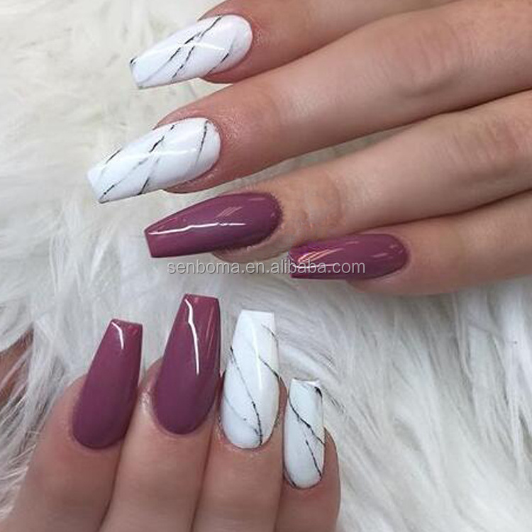 New Fashion Grey Marble False Nails Coffin Marble Fake Nail Long Artificial Nails