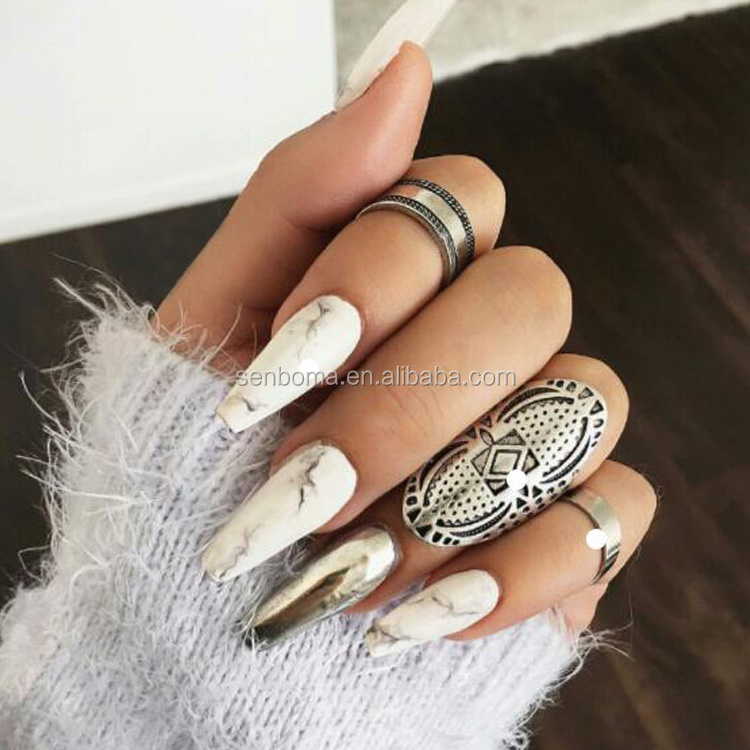 New Fashion Grey Marble False Nails Coffin Marble Fake Nail Long Artificial Nails