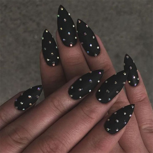 Long Matte Black Dot Acrylic French Press On Nails Kids Nail Supplies Stickers