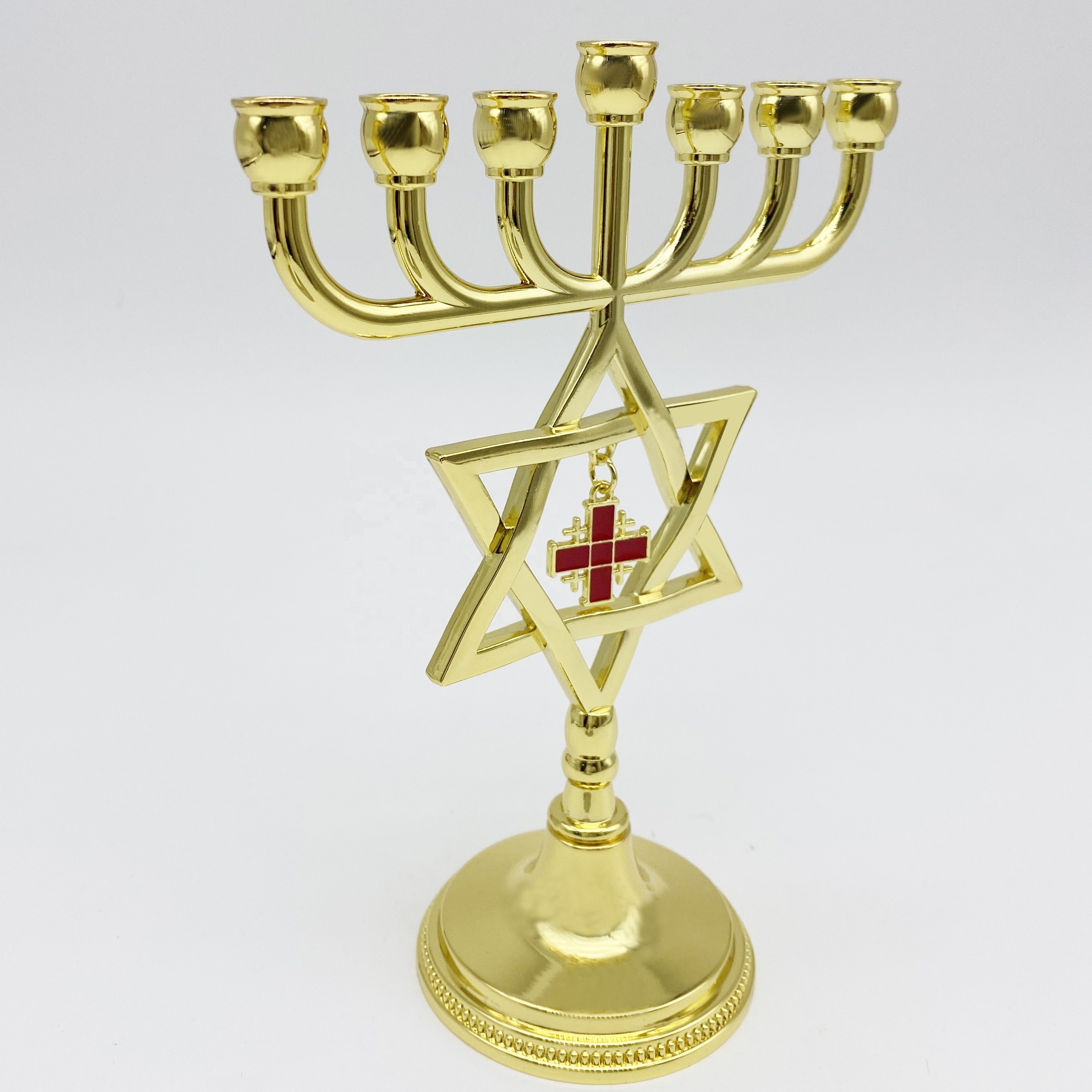 Gold Judaica Star of David Menorah with Jerusalem Cross Charm