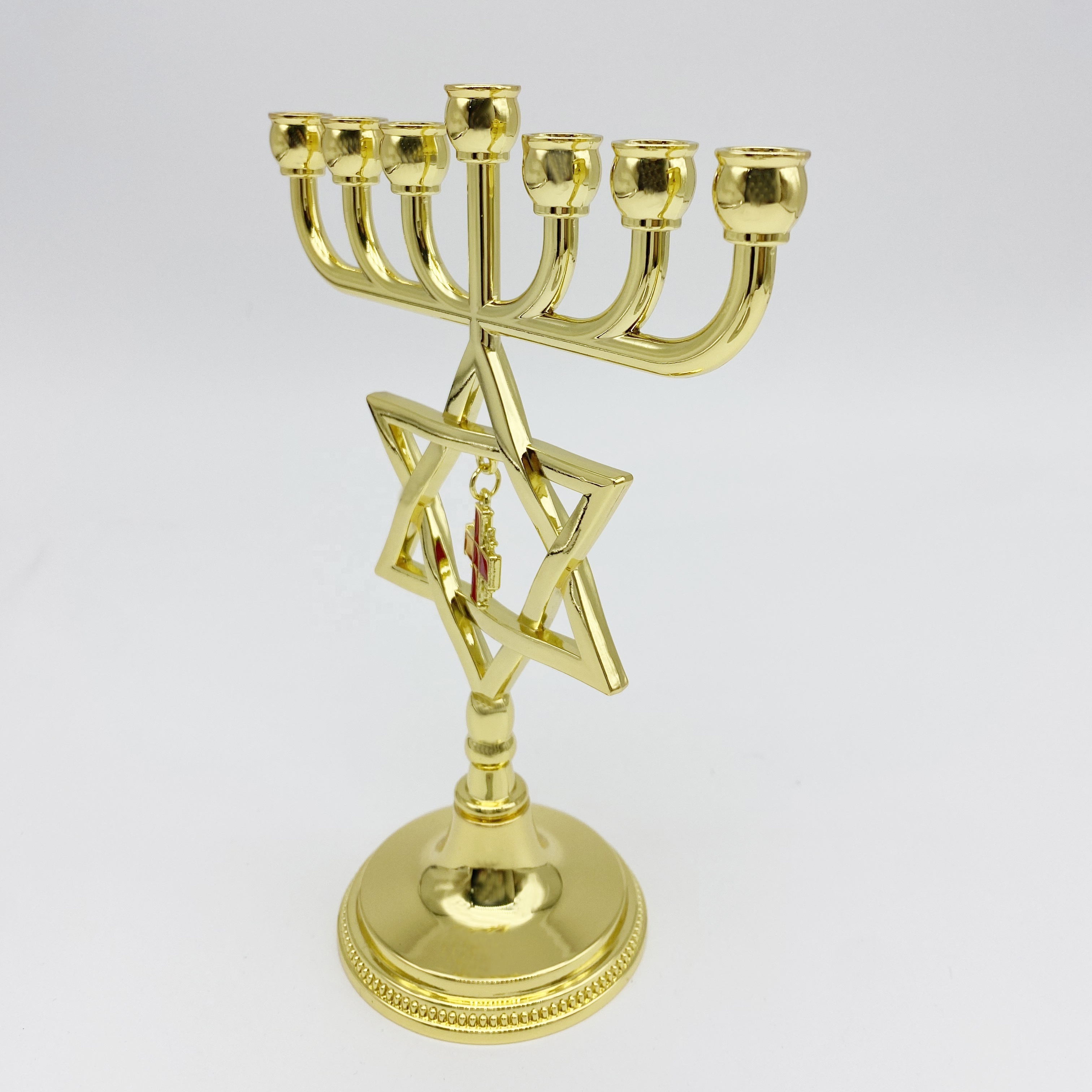 Gold Judaica Star of David Menorah with Jerusalem Cross Charm