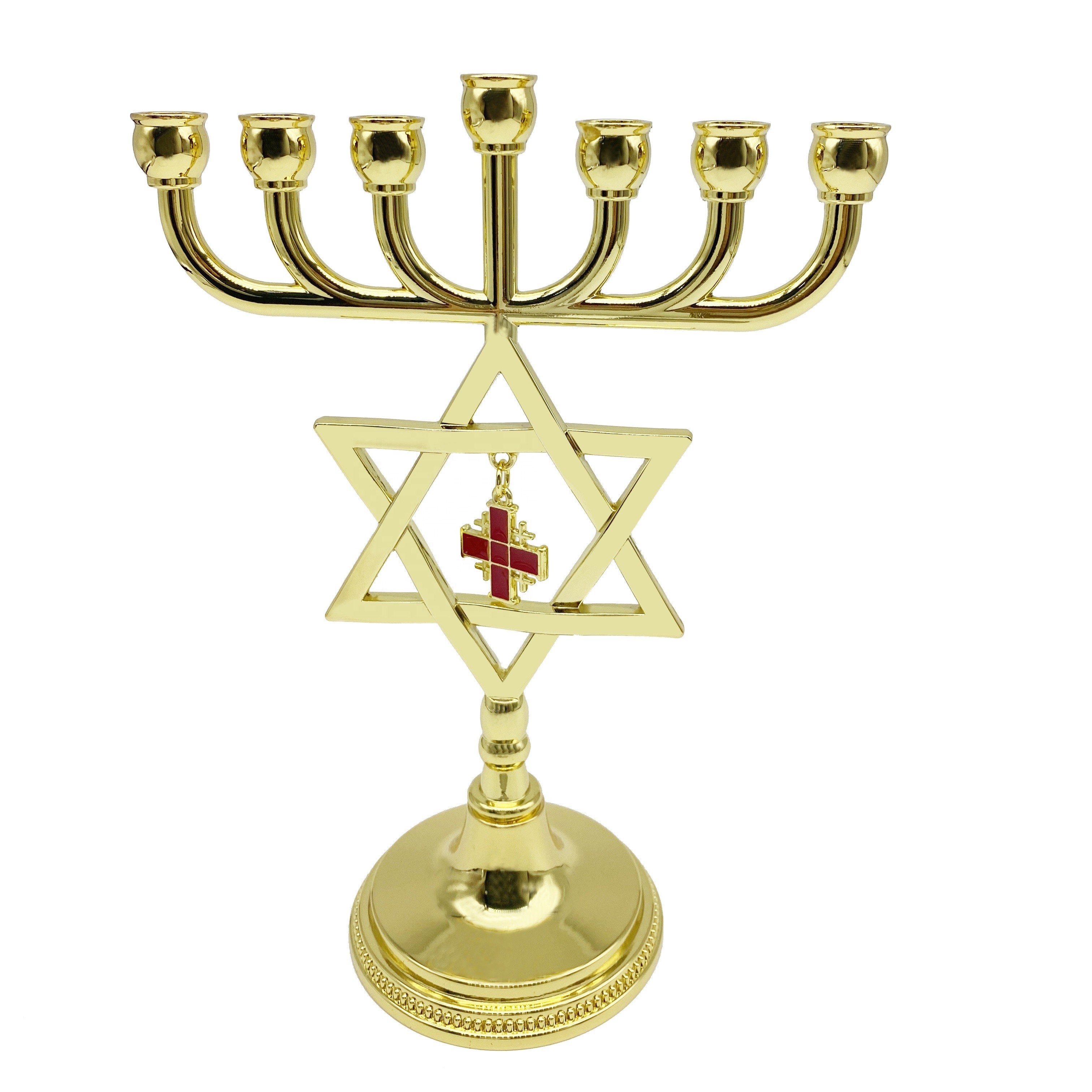 Gold Judaica Star of David Menorah with Jerusalem Cross Charm