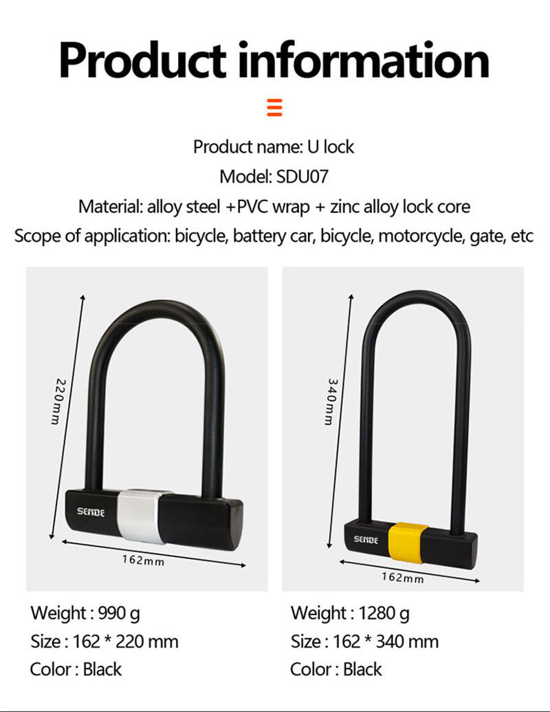 Bike Security Long Anti Shear Combination U Lock with Smart Anti Theft Technology