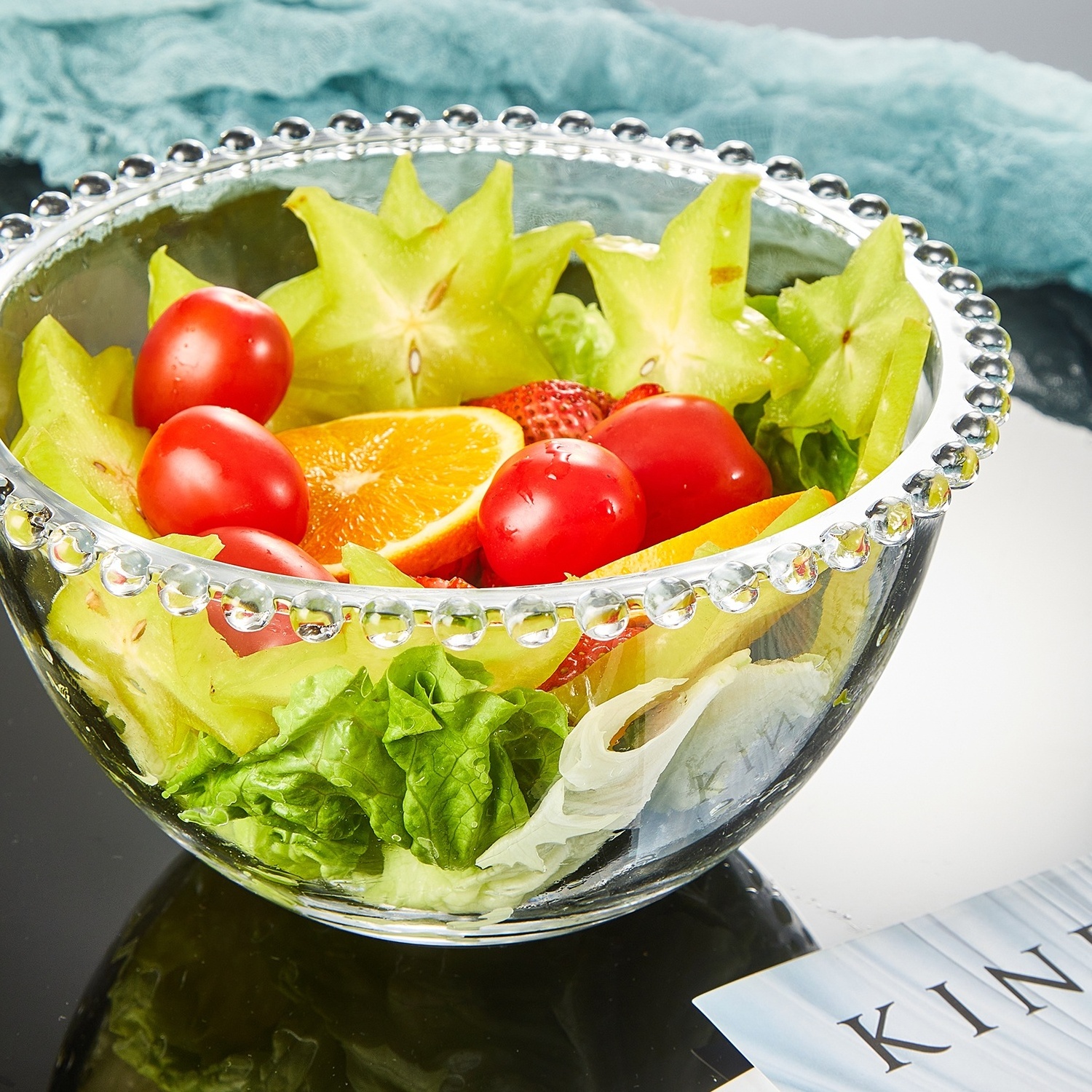 8 inch Pearl-edge Glass Salad Bowl,  50oz Large Serving Bowl,  Glass Mixing Bowl for Serving Salad