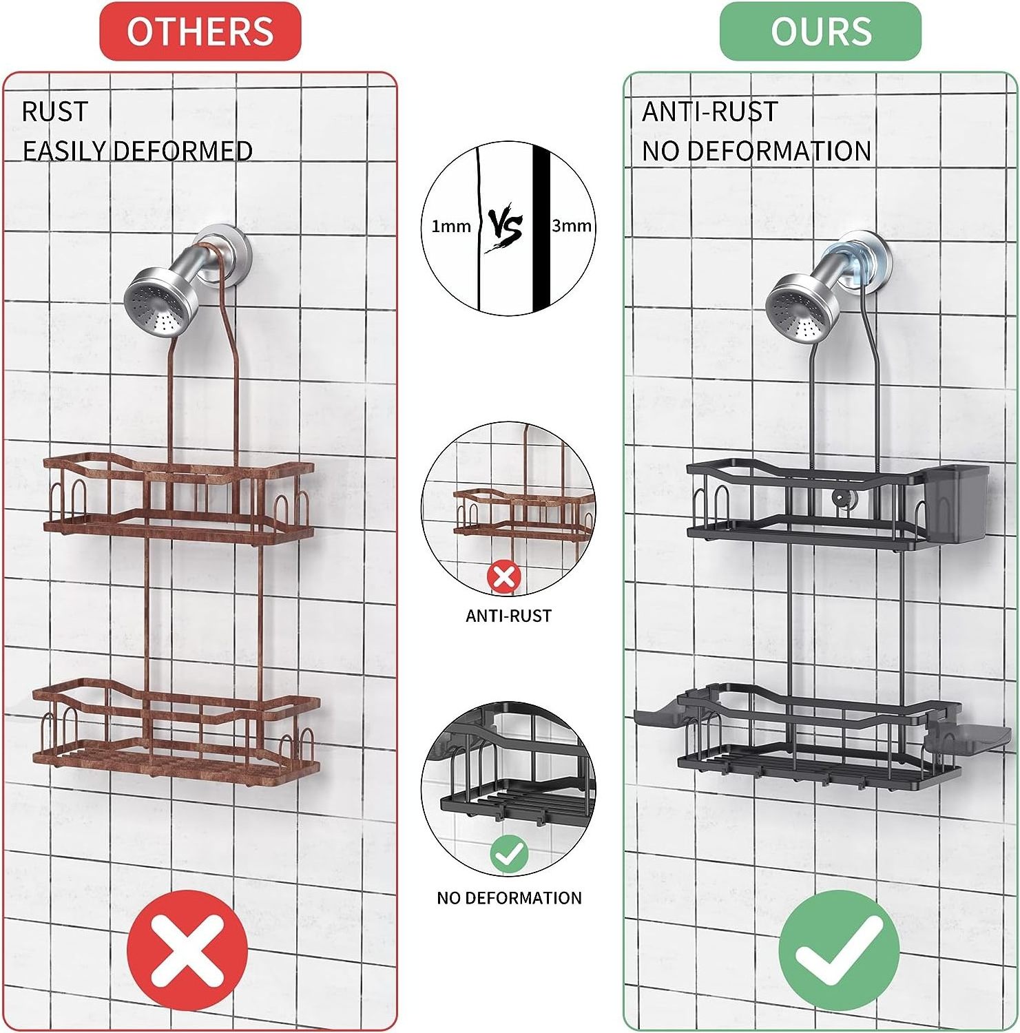 No Drilling Wall Mounted Bathroom Organizer Rack Shelves Over Shower head for Shampoo with Soap Holder Hanging Shower Caddy