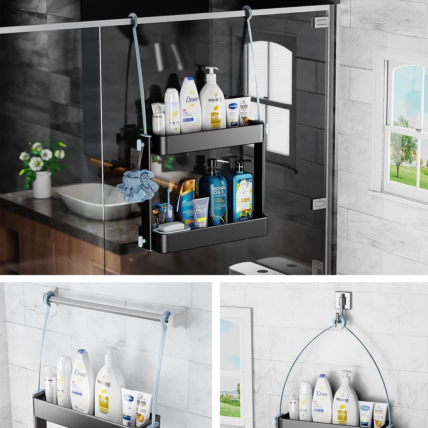 Black Hanging Shower Caddy Shelf Organizer Rack no Drilling Bathroom Rack Shower Caddies Stainless Steel