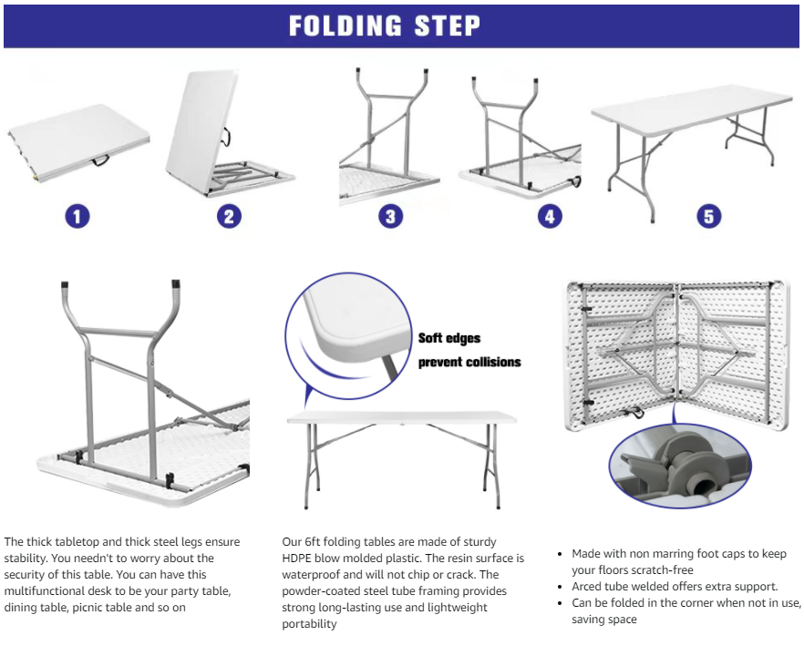 Indoor Outdoor Rectangle  6ft Heavy Square Folding Duty Working Half Portable Folded Plastic Folding Garden Utility Dining Table