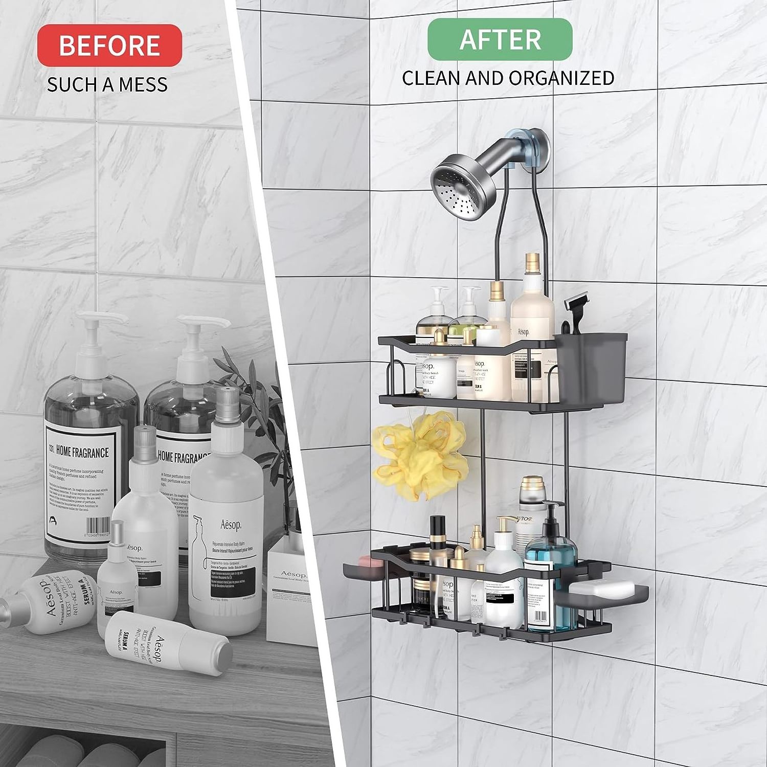 No Drilling Wall Mounted Bathroom Organizer Rack Shelves Over Shower head for Shampoo with Soap Holder Hanging Shower Caddy