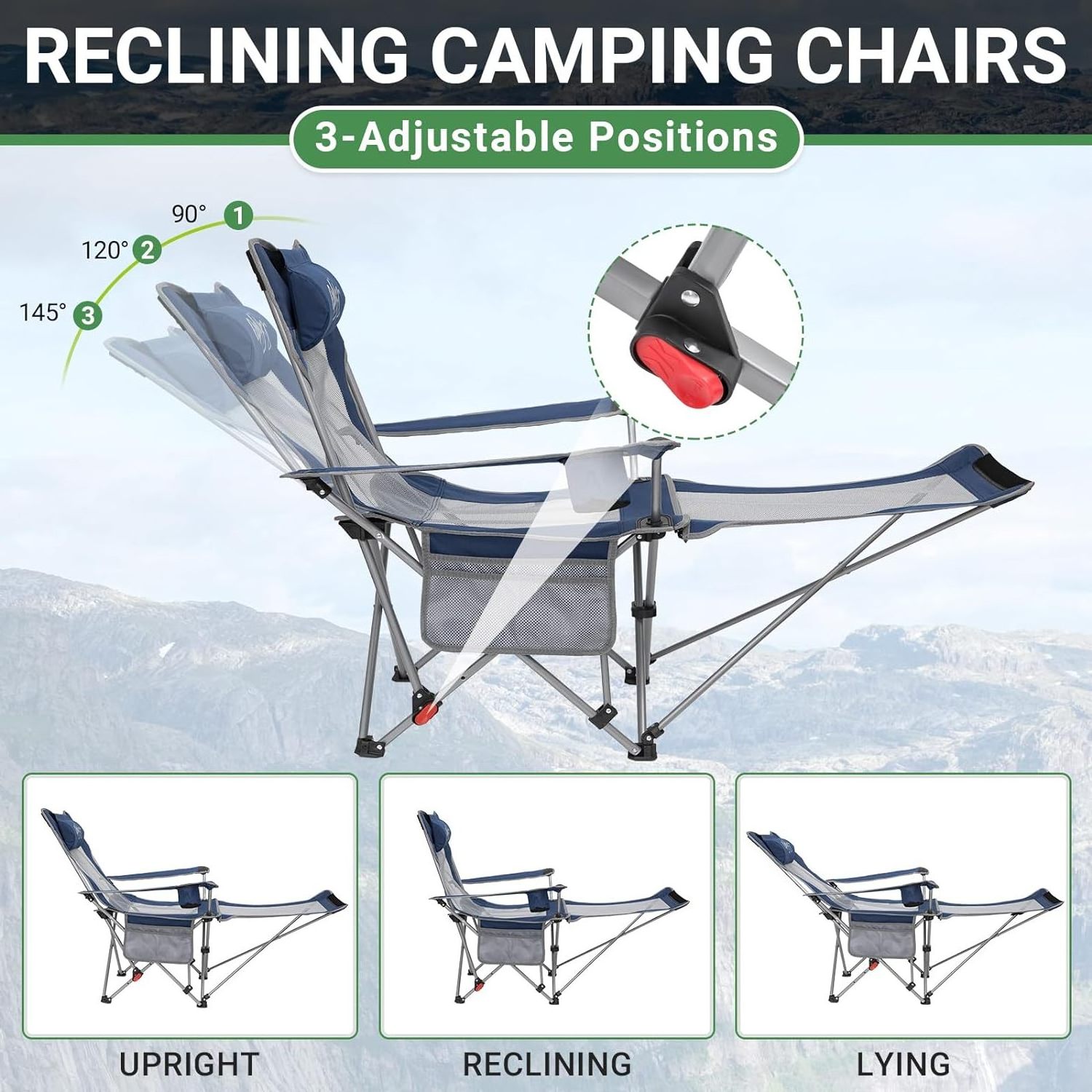 Folding Camping Outdoor Furniture High Back Recliner  Lightweight Foldable Portable Adjustable Reclining Camping Chairs