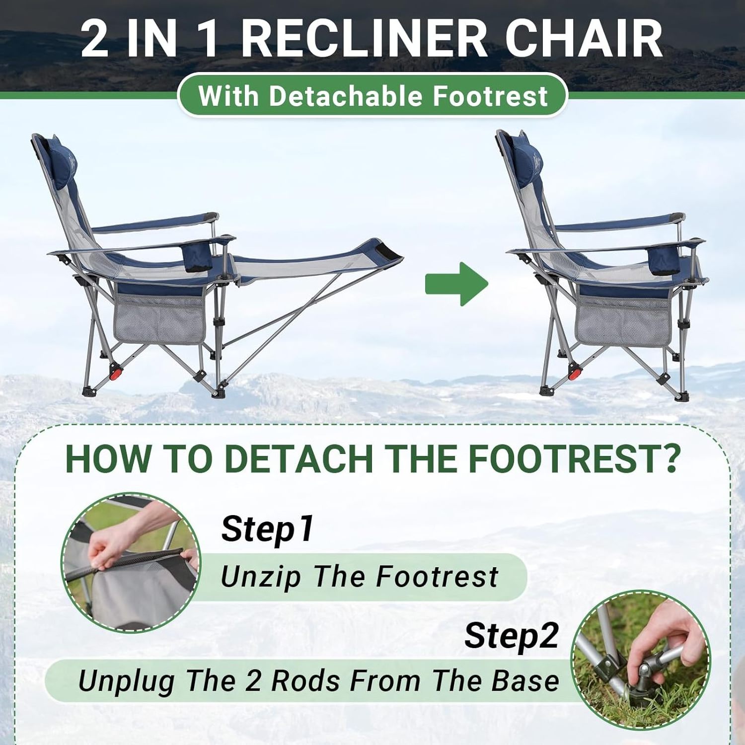 Folding Camping Outdoor Furniture High Back Recliner  Lightweight Foldable Portable Adjustable Reclining Camping Chairs