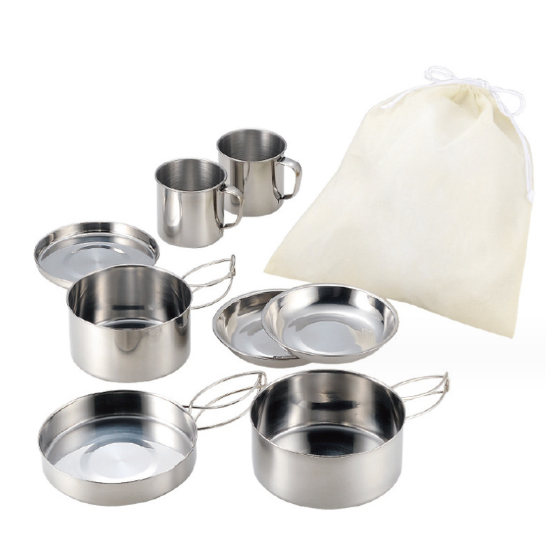 Tableware Cookware Set Stainless Steel Camping Pot Mess Kit Stainless Steel Cup Tray Portable Folded for Home Kitchen