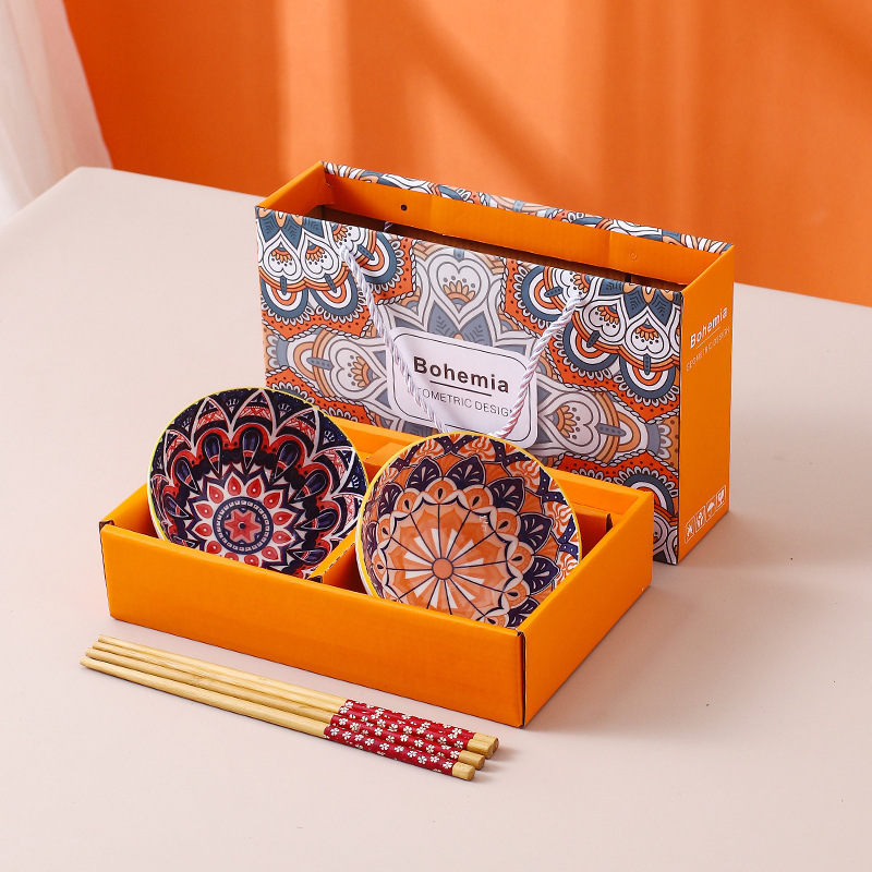 New Design Ceramic Soup Bowl Sets Bohemian Style Ceramic Bowls With Chopsticks Set with Gift Box  Rice Bowl