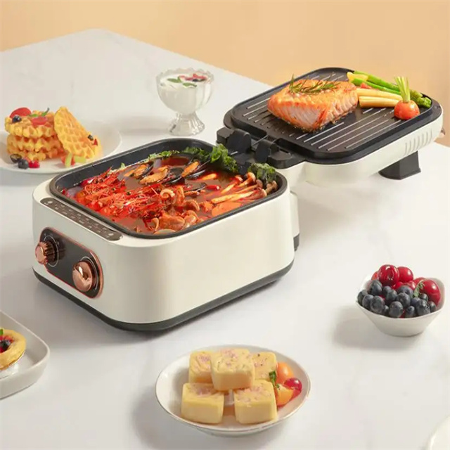 Multifunction Portable Home Foldable Non-Stick Split Pot 2 in 1 Electric Hot Pot BBQ Grill Smokeless Barbecue Pan