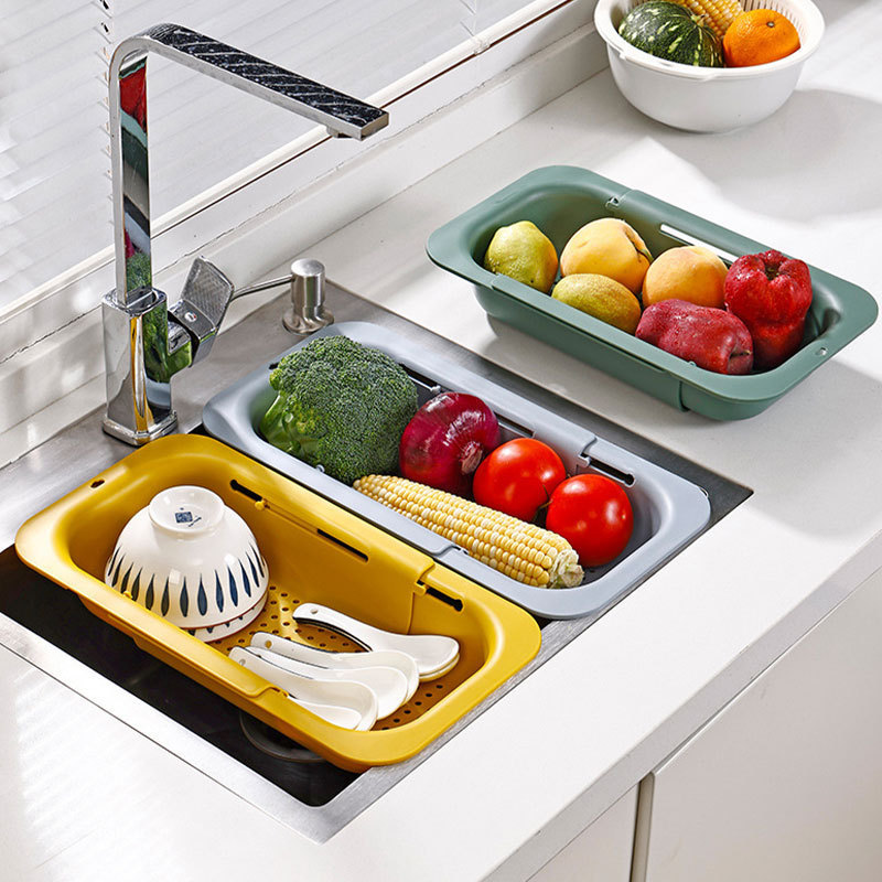 New Arrival Extendable Double Layer Drain Basket Over The Sink Colander Strainer Basket for Home Kitchen