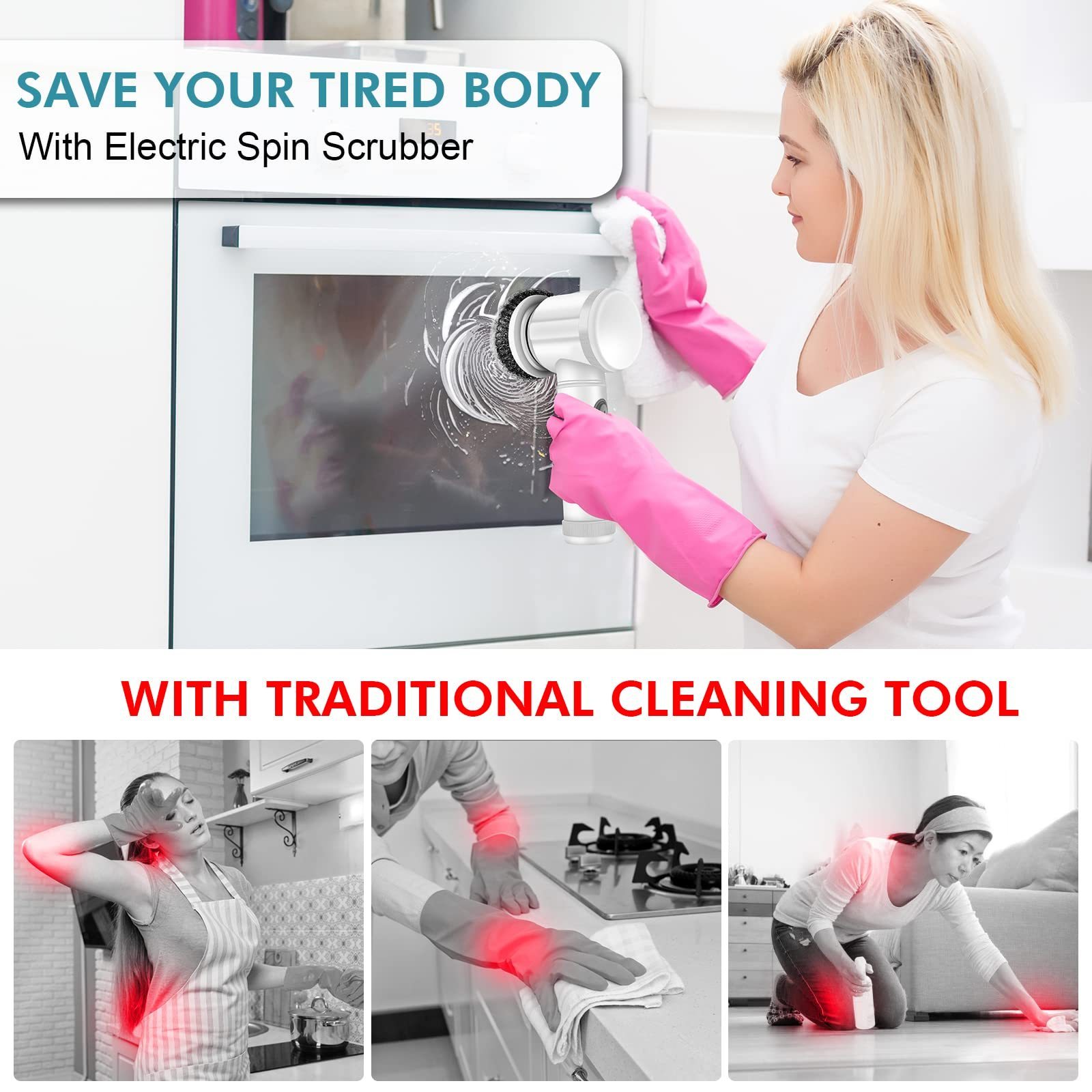 Electric Spin Scrubber Handheld Cleaning Brush Cordless Dish Washing Gun Wireless Power with Replaceable Brush Heads