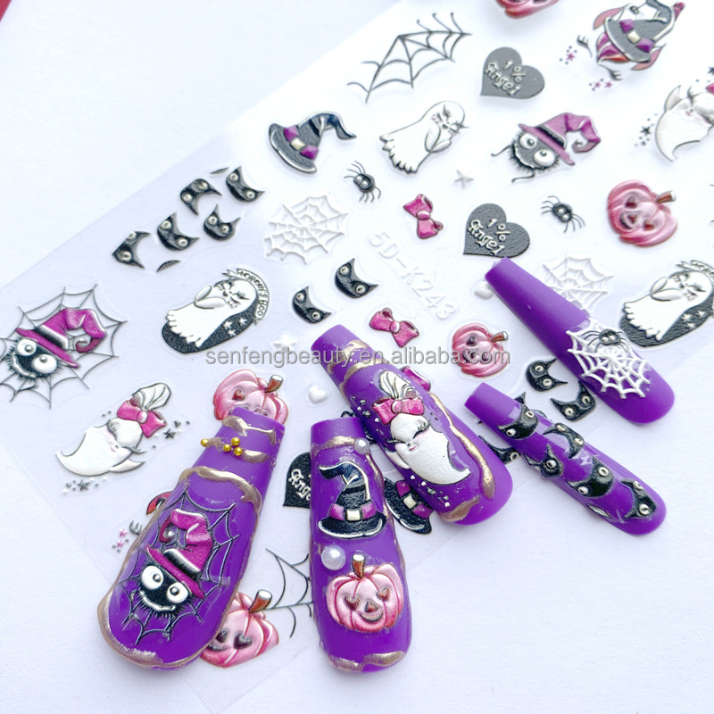 Halloween Nail Art Stickers Decals Pumpkin 5D emboss nail sticker Broom Witch Bat Ghost Decal