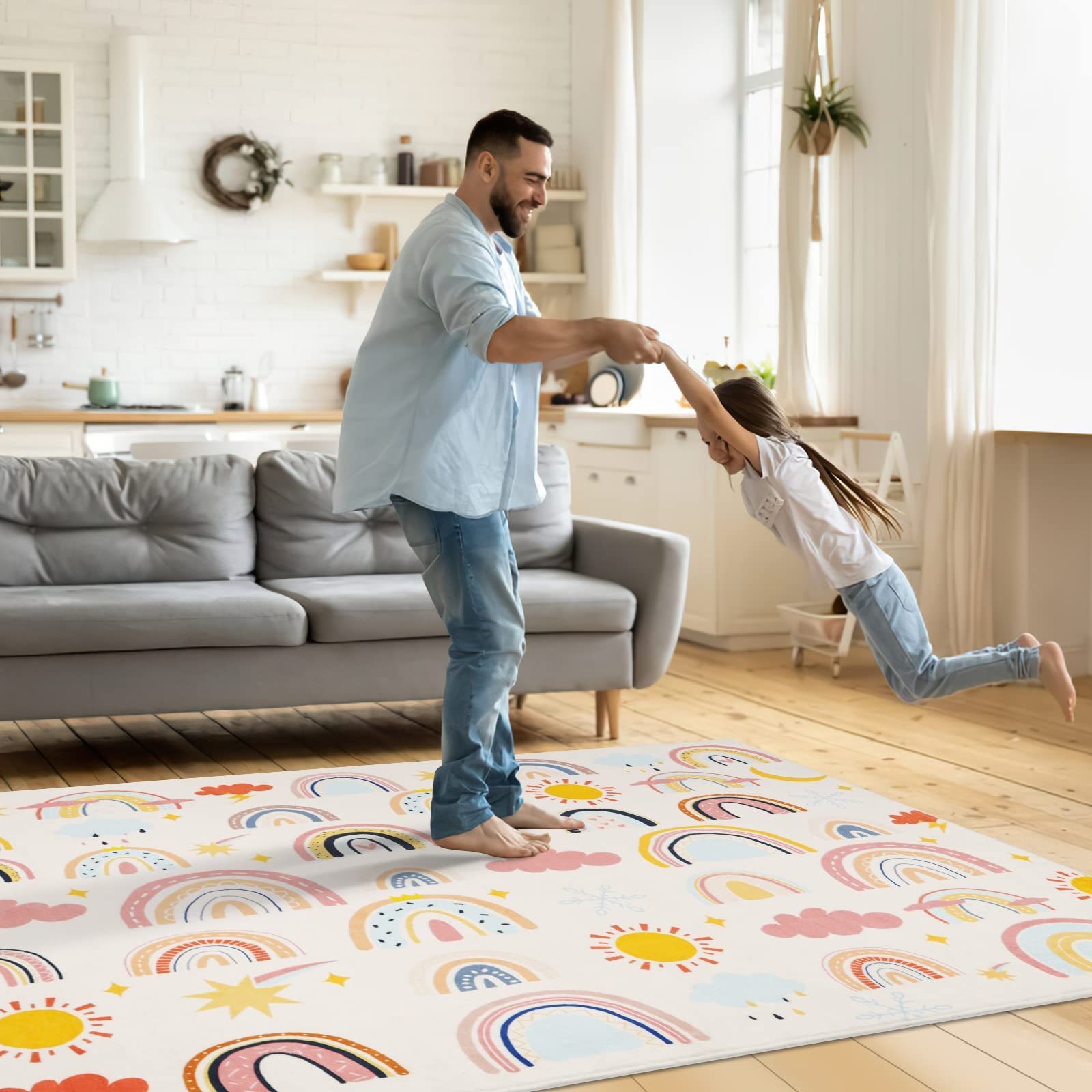 Non-Slip Cute Rainbow Faux Wool Baby Crawling Floor Mat for Playroom Classroom