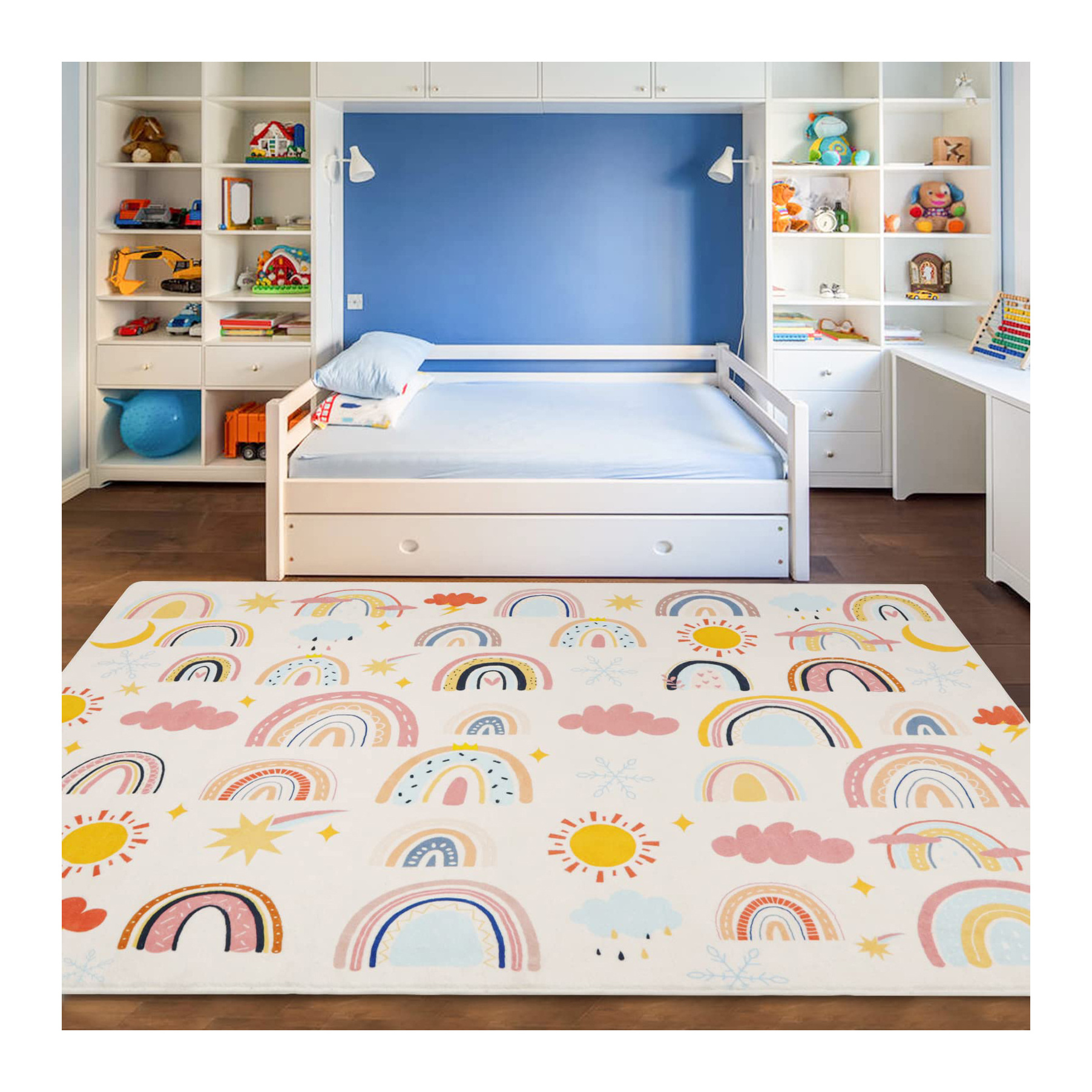 Non-Slip Cute Rainbow Faux Wool Baby Crawling Floor Mat for Playroom Classroom