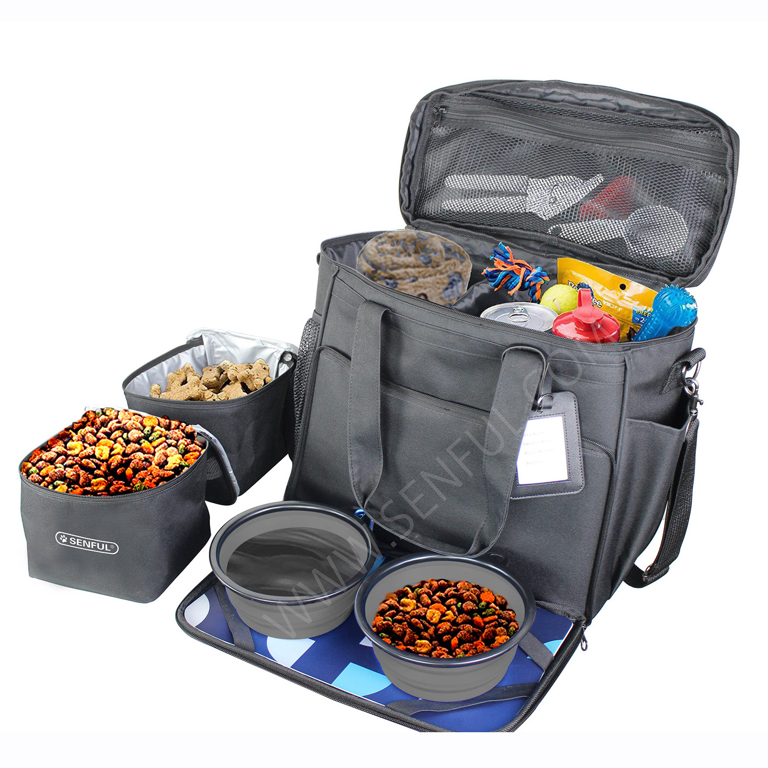 Dog Travel Bag - Dog Travel Kit with 2 Collapsible Silicone Bowls, 2 Food Containers, Multi-Use Pockets for Pet Accessories