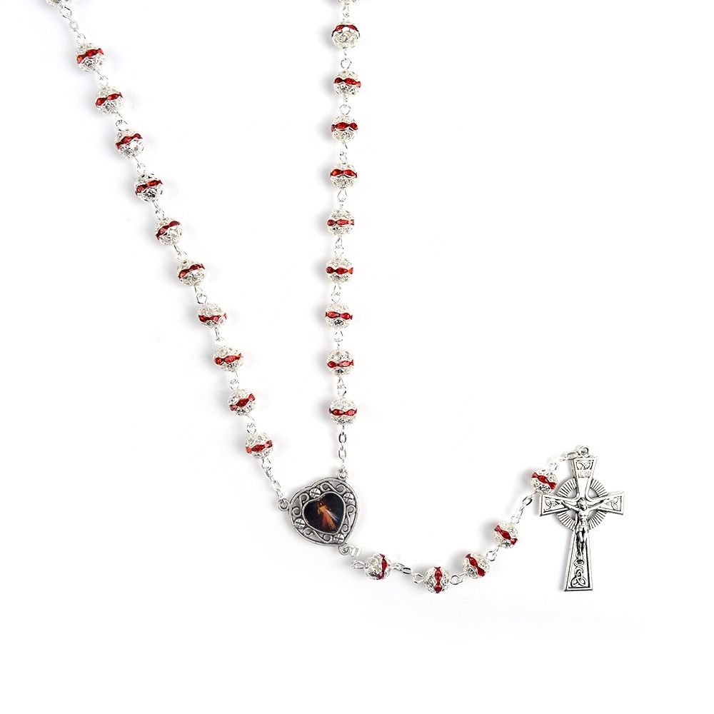 Immaculate Sacred Heart Jesus Rosary Handmade Catholic Rosary Carved Alloy Diamond Beads Silver Fashion Rosary Necklace