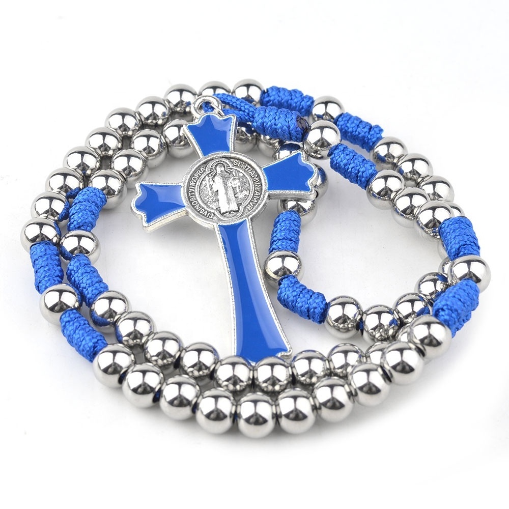 8mm Stainless Steel Beads Saint Benedict Rosary Centerpiece Religious Catholic Blue Cording Woven Cross Necklace