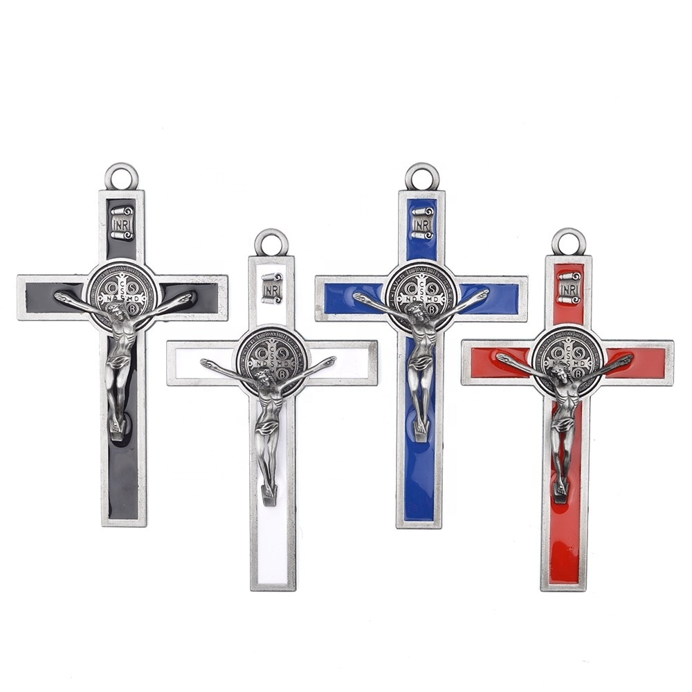 High Quality Rosary Crucifix Pendant Big Red Enamel Saint Benedict Cross Medal In Antique Copper Plated zamak