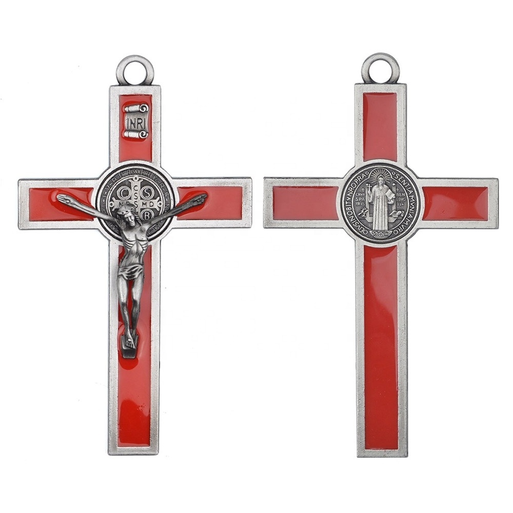 High Quality Rosary Crucifix Pendant Big Red Enamel Saint Benedict Cross Medal In Antique Copper Plated zamak