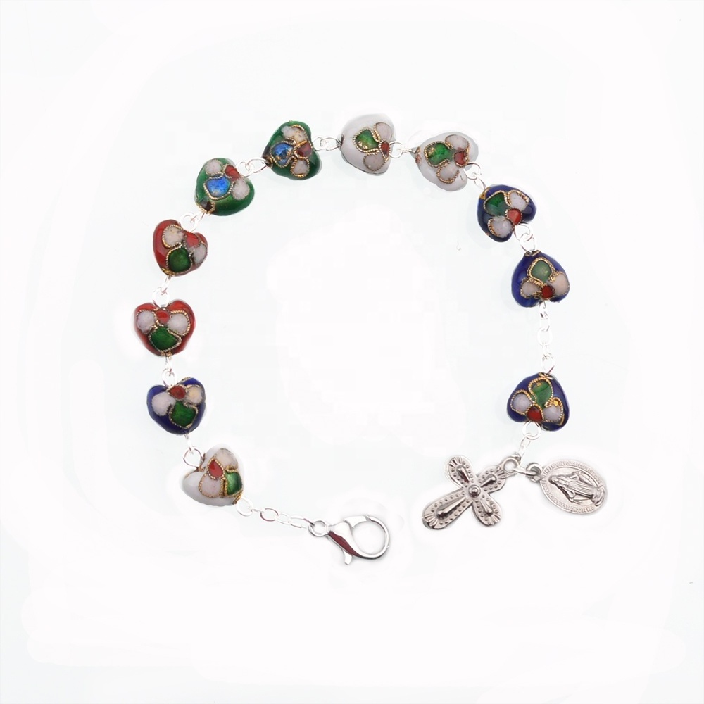 Catholic Gift Colored Heart Wrist Chain Bracelet Cloisonne Rosary Bracelets With Cross