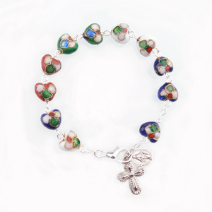 Catholic Gift Colored Heart Wrist Chain Bracelet Cloisonne Rosary Bracelets With Cross