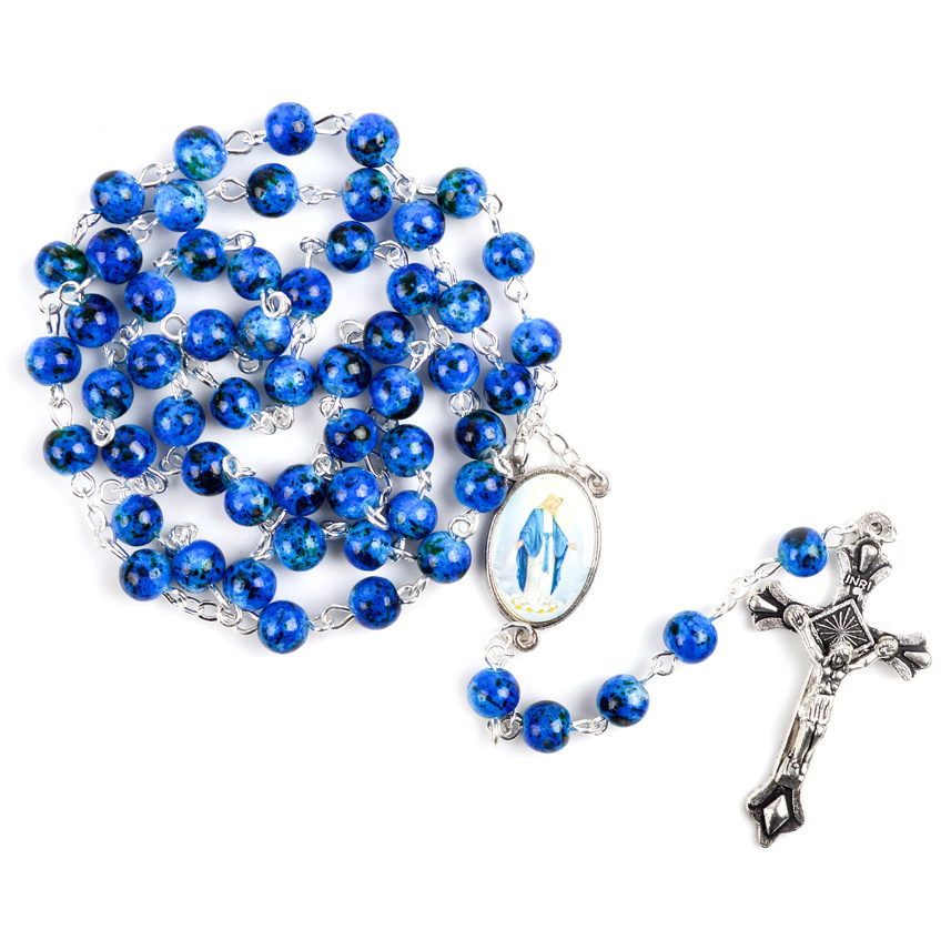 Glass Beads Rosary Necklace Virgen Mary Jude Guadalupe Catholic Saints Color Picture Rosary Centerpieces