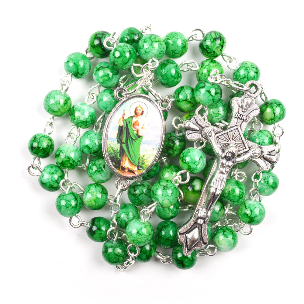 Glass Beads Rosary Necklace Virgen Mary Jude Guadalupe Catholic Saints Color Picture Rosary Centerpieces