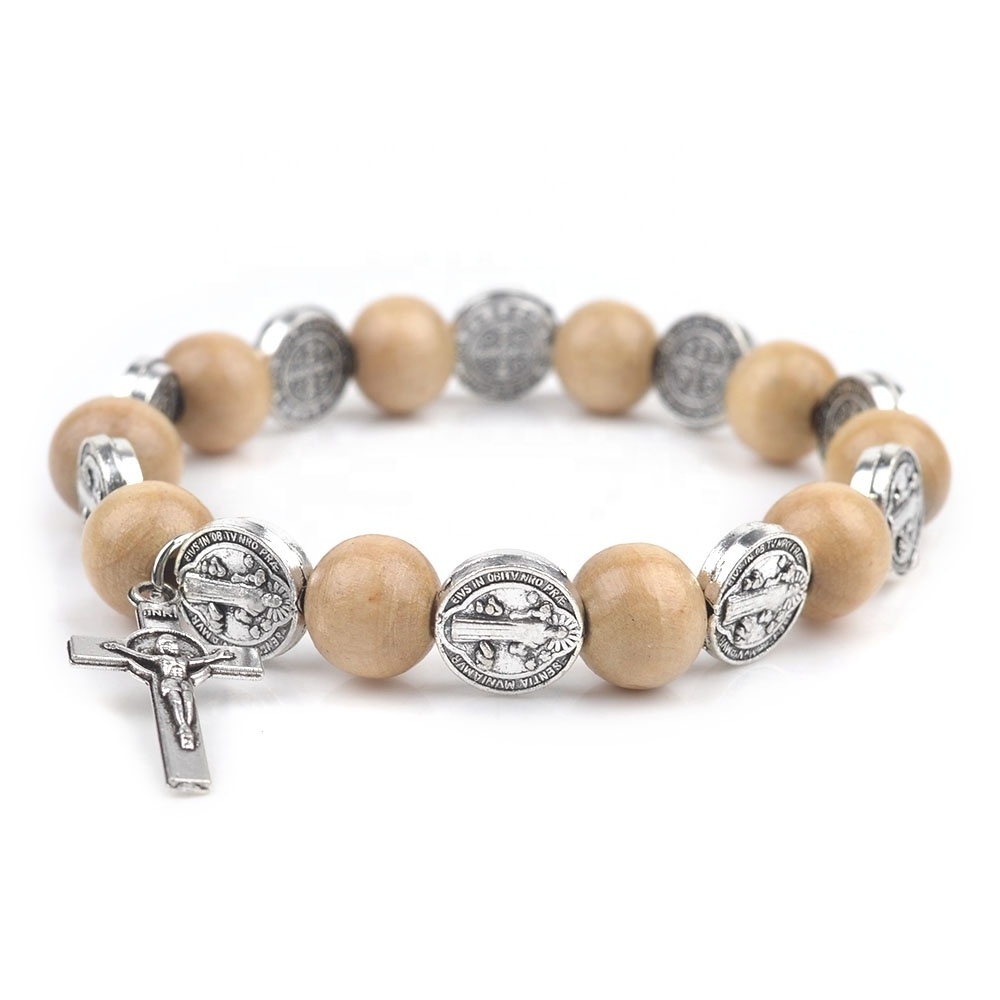 Handmade 10mm Wood Beads with Saint Benedict Alloy beads Elastic Rope Stretch  Men Women Bracelet