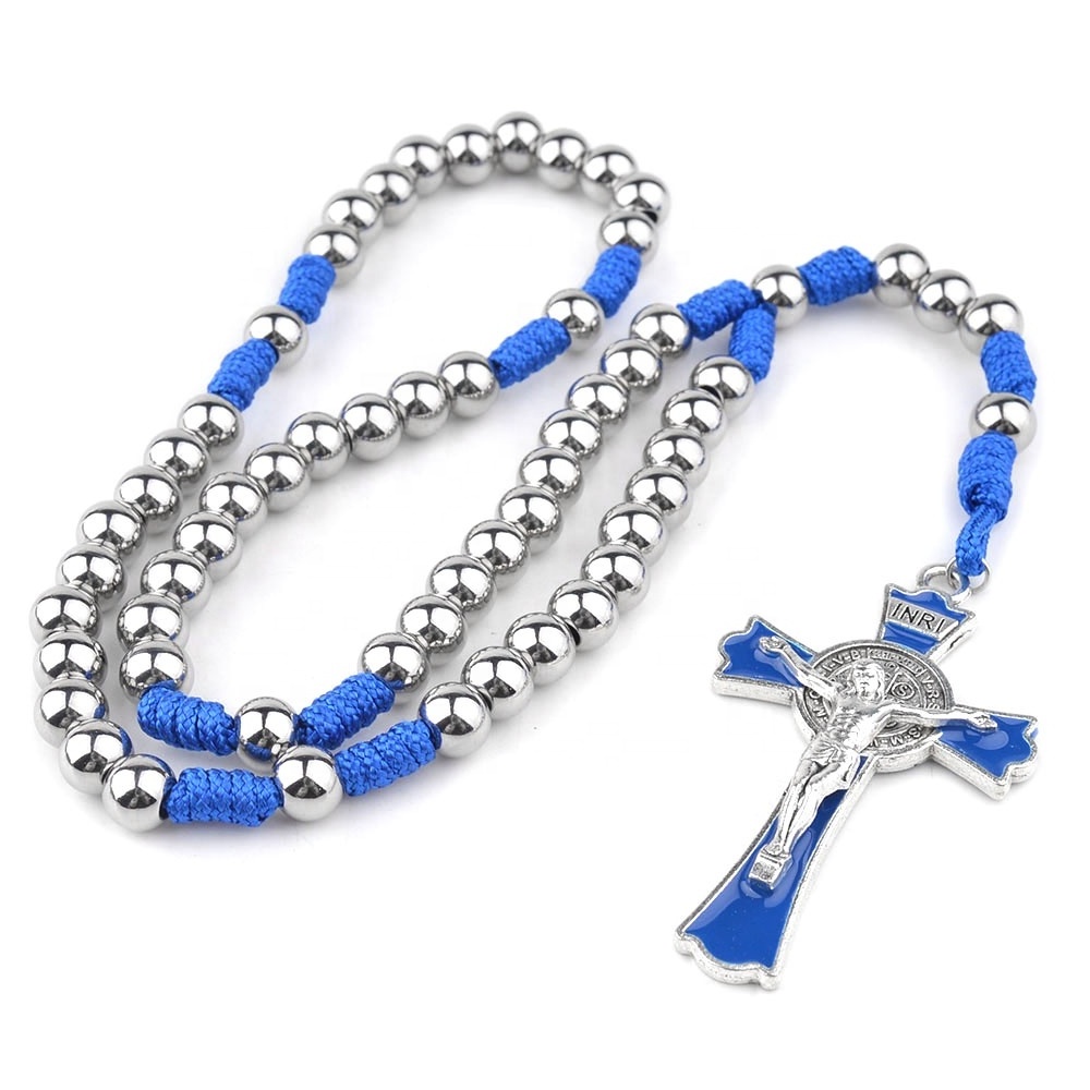 8mm Stainless Steel Beads Saint Benedict Rosary Centerpiece Religious Catholic Blue Cording Woven Cross Necklace