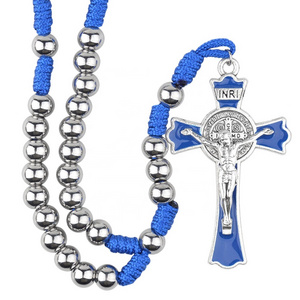 8mm Stainless Steel Beads Saint Benedict Rosary Centerpiece Religious Catholic Blue Cording Woven Cross Necklace