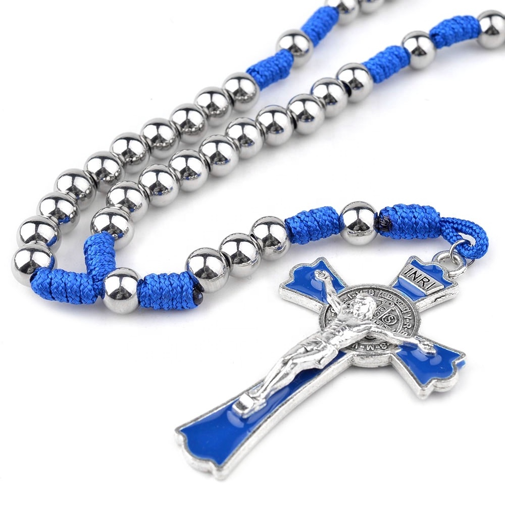 8mm Stainless Steel Beads Saint Benedict Rosary Centerpiece Religious Catholic Blue Cording Woven Cross Necklace