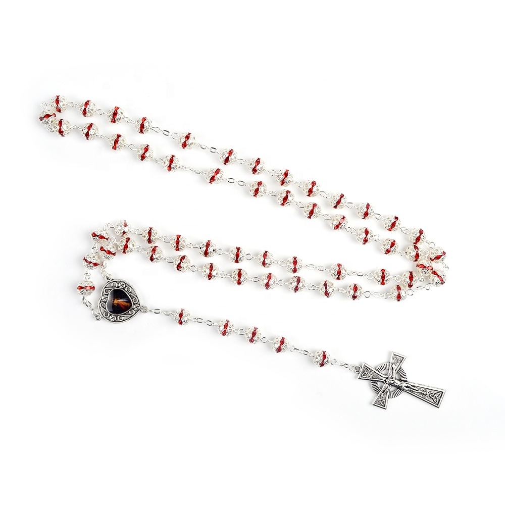 Immaculate Sacred Heart Jesus Rosary Handmade Catholic Rosary Carved Alloy Diamond Beads Silver Fashion Rosary Necklace