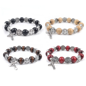 Handmade 10mm Wood Beads with Saint Benedict Alloy beads Elastic Rope Stretch  Men Women Bracelet