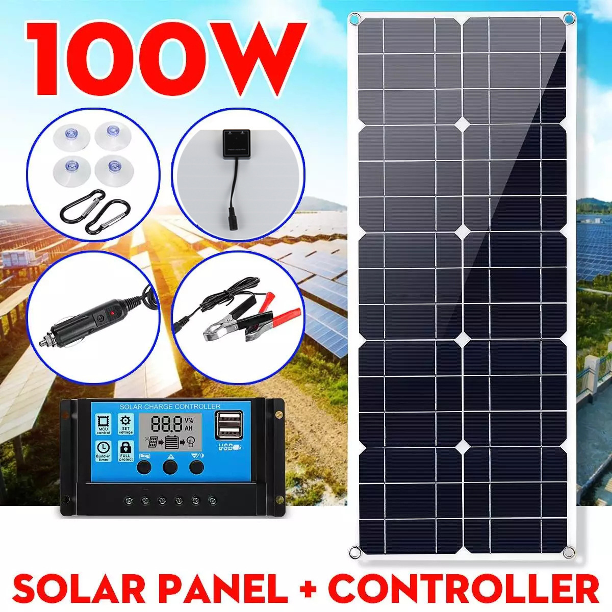 100W Solar Panel 10A-60A Controller Solar Panel Phone RV Car MP3 PAD Charger Outdoor Battery Supply