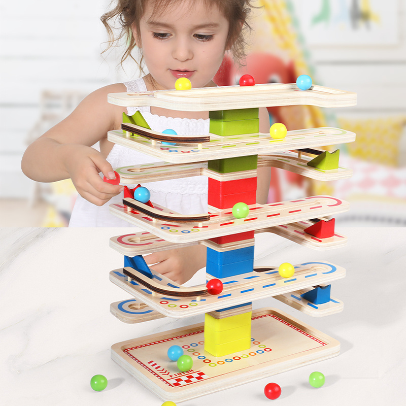 Wooden Tracking Toy Marble Ball Running Game Coaster Ramp Rolling Slide ...