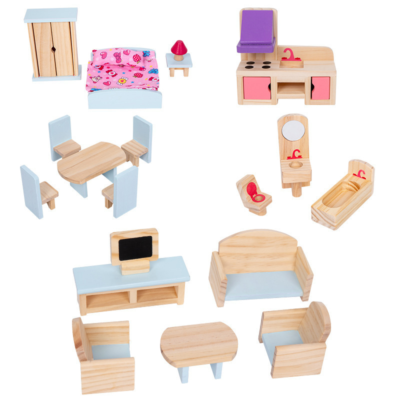 New Arrival Children's Wooden DIY 3 Floors Girls Pretend Role Play Game Doll House DIY Furniture Gift Set For Kids