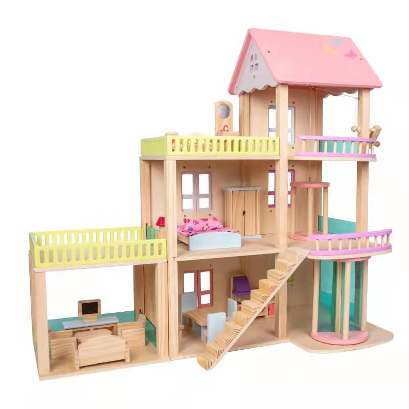 New Arrival Children's Wooden DIY 3 Floors Girls Pretend Role Play Game Doll House DIY Furniture Gift Set For Kids