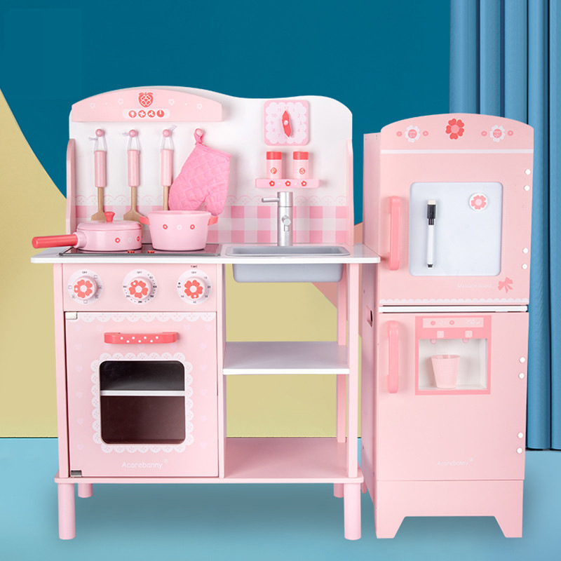 Baby Wooden Role Play Simulation Cooking Kitchen Set Educational Princess Pink Pretend House Toys For Kids