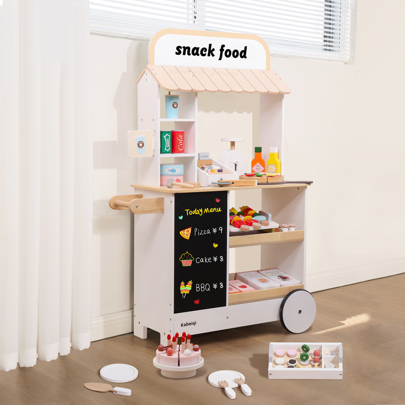 Children Wooden Role Play Snack Cart Kitchen Set Educational Pretend Supermarket Shopping Car Toys For Kids