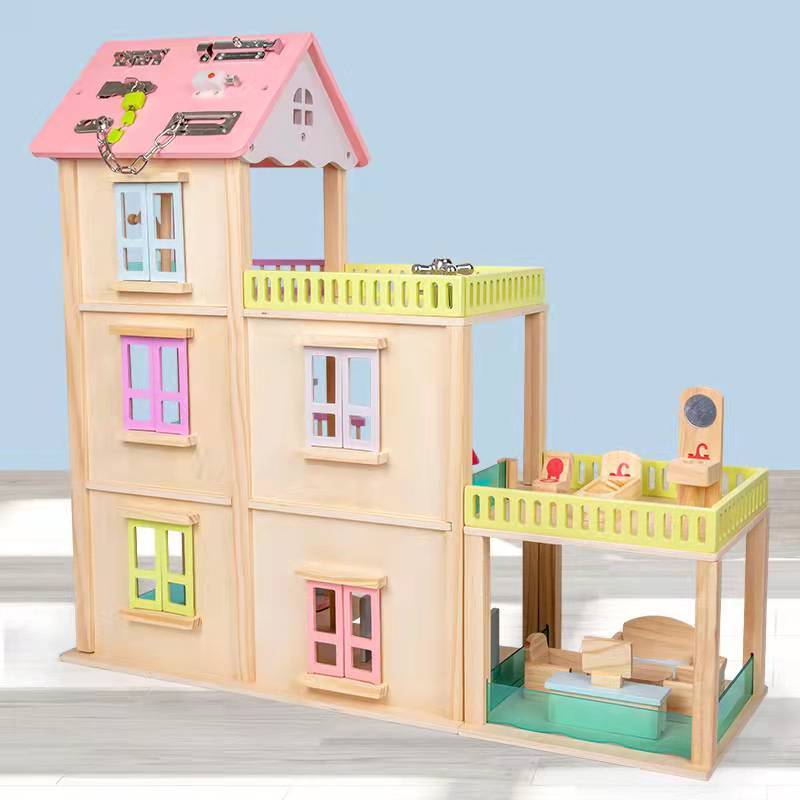 New Arrival Children's Wooden DIY 3 Floors Girls Pretend Role Play Game Doll House DIY Furniture Gift Set For Kids